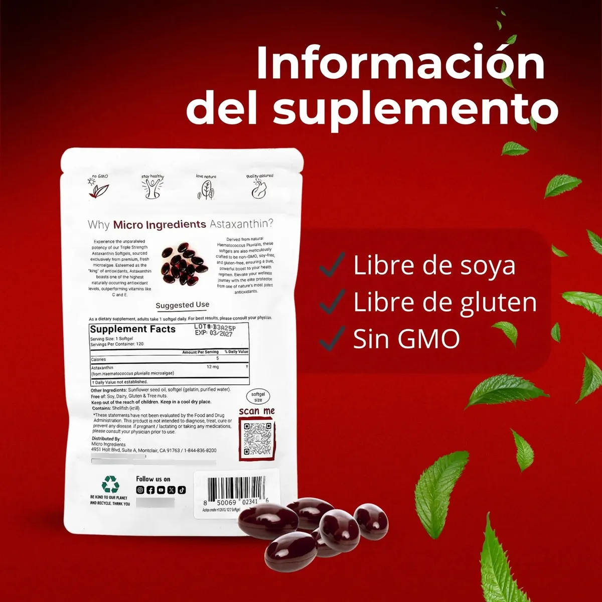 Microingredients® Astaxantina 12mg | Frena el Deterioro y Protege tus Órganos