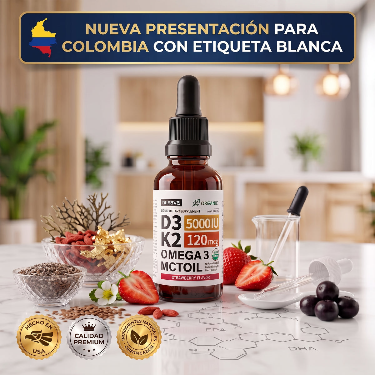 Nusava® Vitamina D3+K2+Omega 3 (Gotero 30mL) | Frena el Desgaste y Nutre tus Huesos