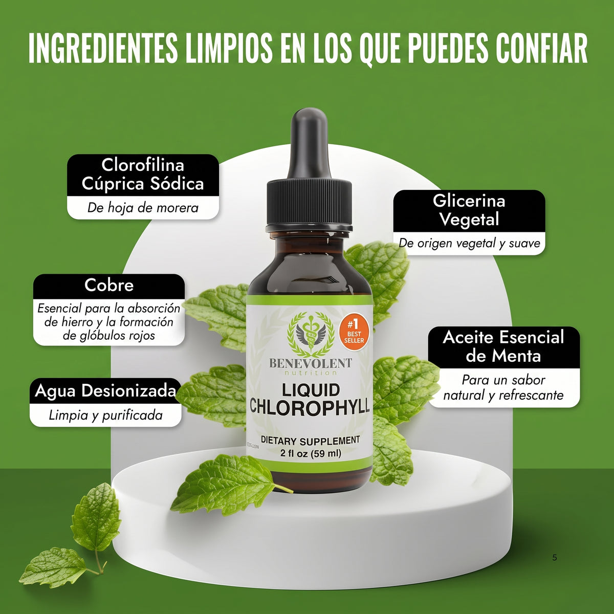 Benevolent® Clorofila Líquida (60mL) | Desintoxica tu Cuerpo y Desinflama tu Abdomen