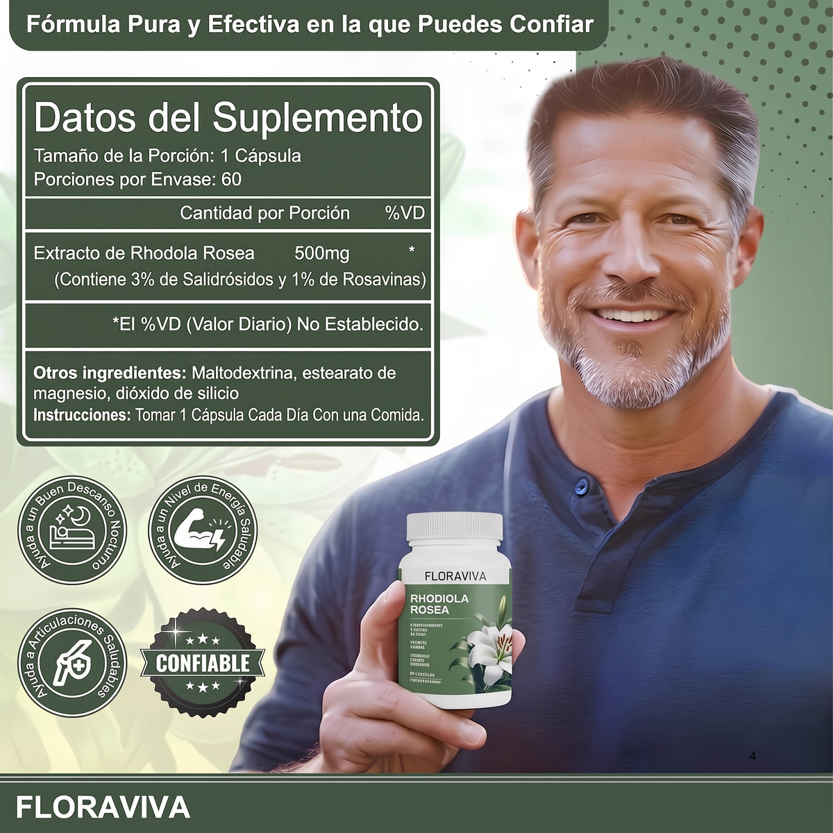 Floraviva® Rhodiola Rosea (60 Cáps) | Aumenta la energía y elimina el Cortisol
