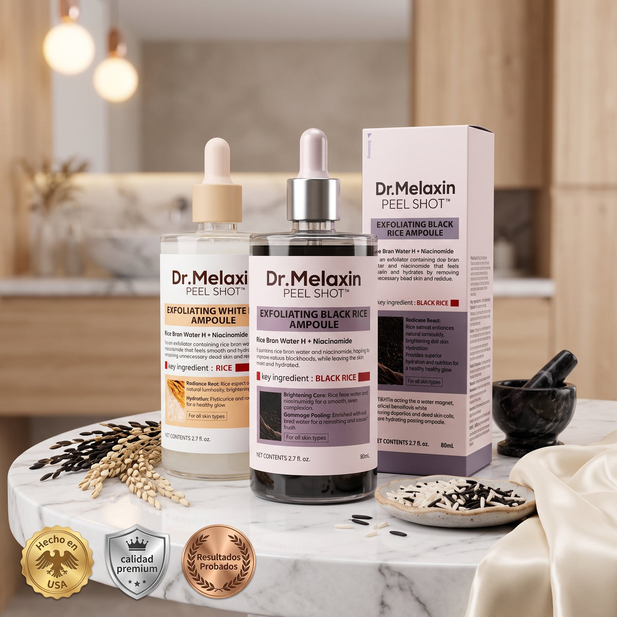 Peel Shoot® Combo 2x1 Exfoliante Arroz Blanco y Negro "El secreto Coreano" | Aclara tu Piel sin Riesgos