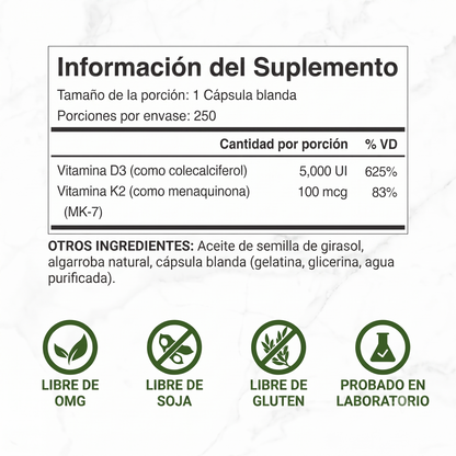 DEAL SUPPLEMENT® Vitamina D3+K2 (100 Softgels) | Frena el Dolor y Regenera tus Huesos