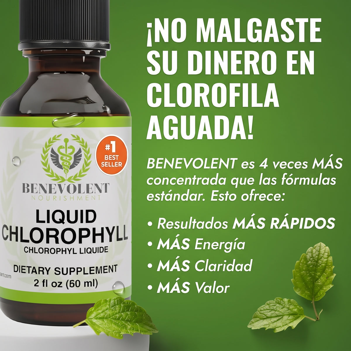 Benevolent® Clorofila Líquida (60mL) | Desintoxica tu Cuerpo y Desinflama tu Abdomen