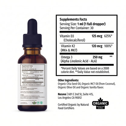 Nusava® Vitamina D3+K2+Omega 3 (Gotero 30mL) | Frena el Desgaste y Nutre tus Huesos