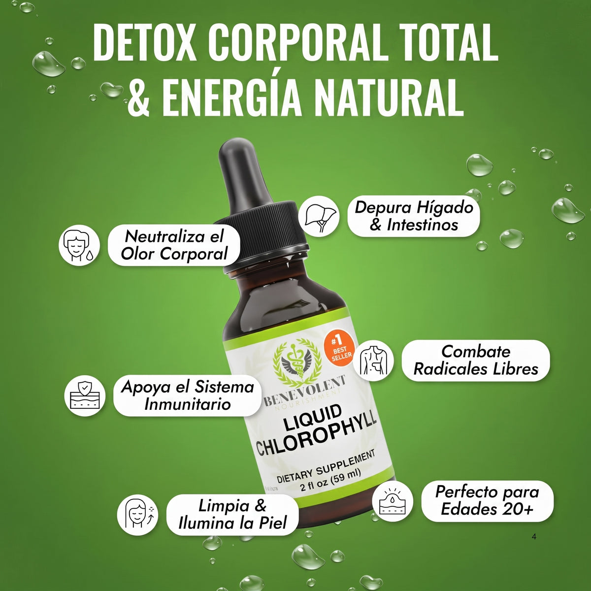 Benevolent® Clorofila Líquida (60mL) | Desintoxica tu Cuerpo y Desinflama tu Abdomen