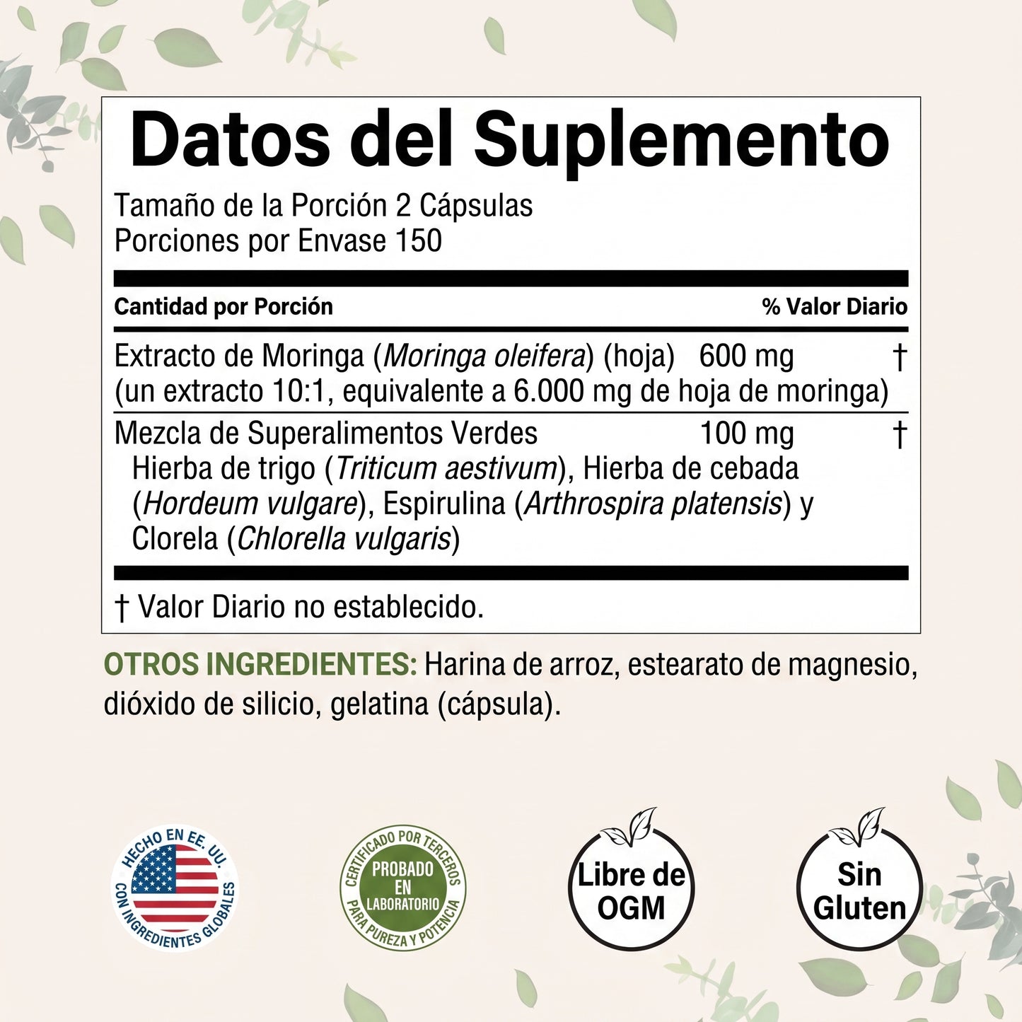 Microingredients® Moringa 5 en 1 (120 Cápsulas) | Frena la Inflamación y el Cortisol